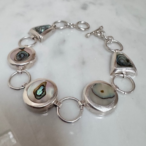 925 Sterling Silver Round & Trapezoid Shape Abalone Chain Link Toggle Bracelet - Picture 1 of 13